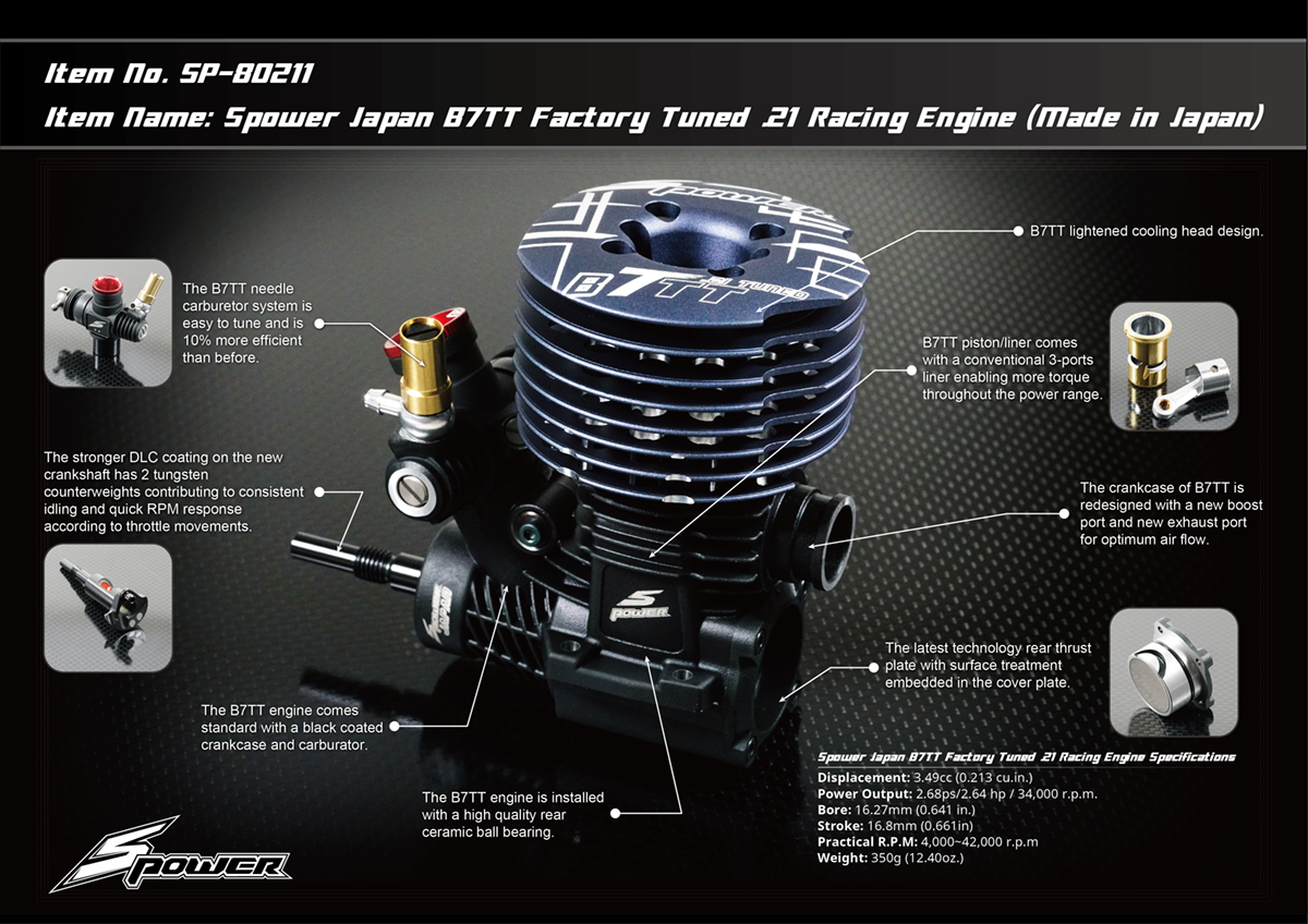 SP-80211 Spower Japan B7TT Factory Tuned .21 Racing Engine Features